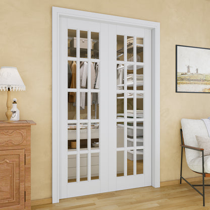 Jujubon 15-Lite Clear Glass Pocket Door with Hardware Kit & Soft Close & Frame, MDF Wood & Paint-grade Finished, White