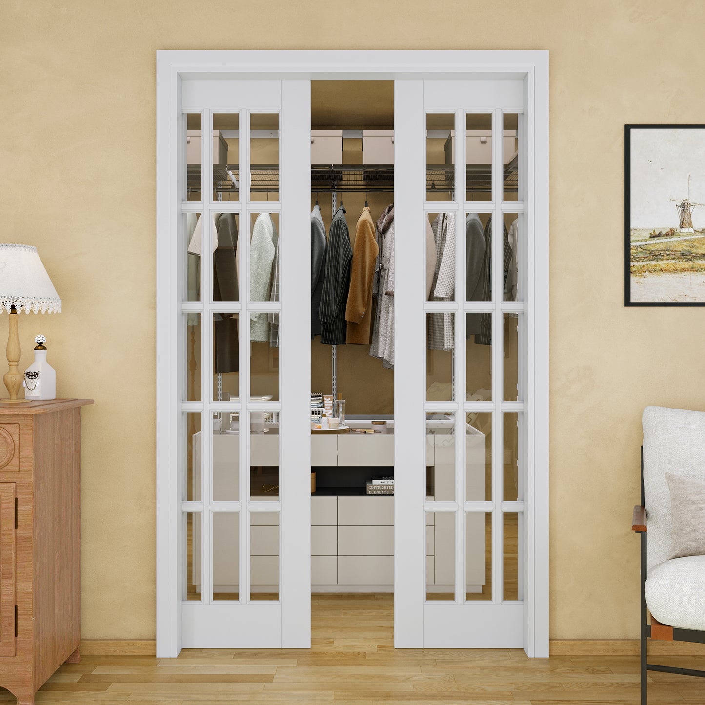 Jujubon 15-Lite Clear Glass Pocket Door with Hardware Kit & Soft Close & Frame, MDF Wood & Paint-grade Finished, White