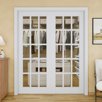 Jujubon 15-Lite Clear Glass Pocket Door with Hardware Kit & Soft Close & Frame, MDF Wood & Paint-grade Finished, White
