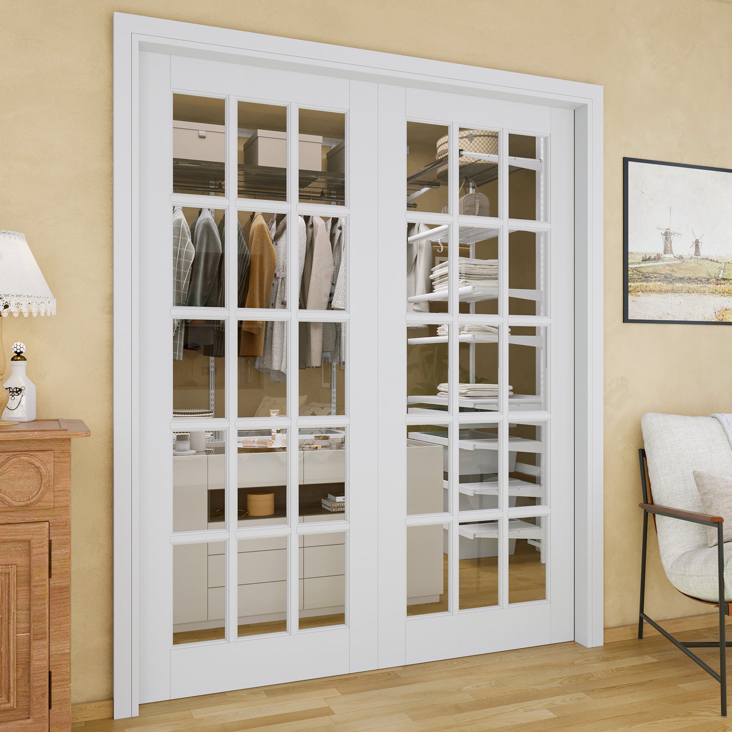 Jujubon 15-Lite Clear Glass Pocket Door with Hardware Kit & Soft Close & Frame, MDF Wood & Paint-grade Finished, White