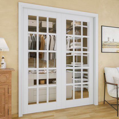 Jujubon 15-Lite Clear Glass Pocket Door with Hardware Kit & Soft Close & Frame, MDF Wood & Paint-grade Finished, White