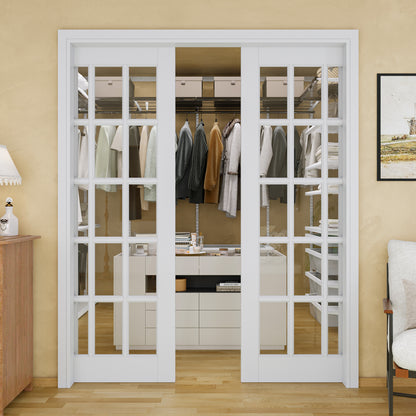 Jujubon 15-Lite Clear Glass Pocket Door with Hardware Kit & Soft Close & Frame, MDF Wood & Paint-grade Finished, White