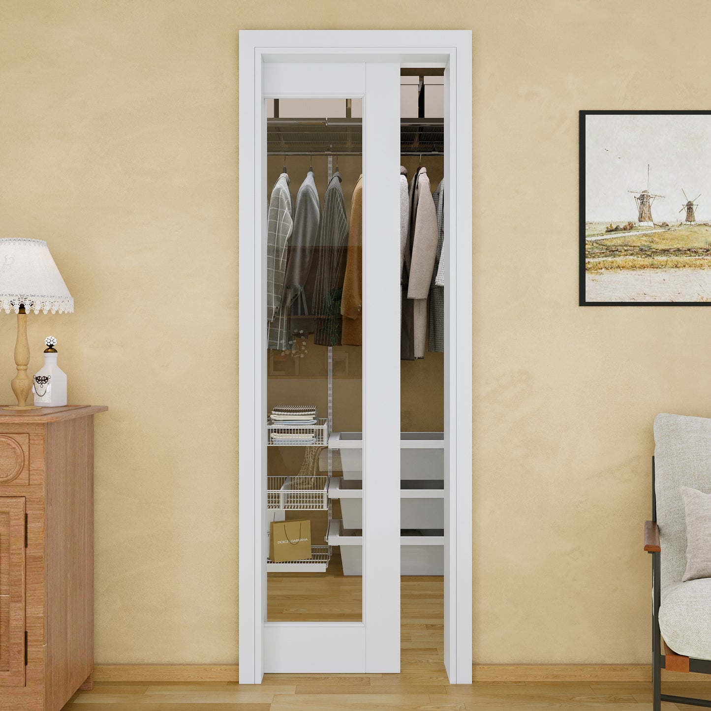 JUJUBON Soft-Close Sliding Pocket Doors, Tempered Clear Glass Door Slab with Hardware Kit&Pocket Door Frame, Interior Sliding Doors for 2x4 Stud, Pre-Finished&Paintable