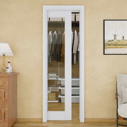 JUJUBON Soft-Close Sliding Pocket Doors, Tempered Clear Glass Door Slab with Hardware Kit&Pocket Door Frame, Interior Sliding Doors for 2x4 Stud, Pre-Finished&Paintable