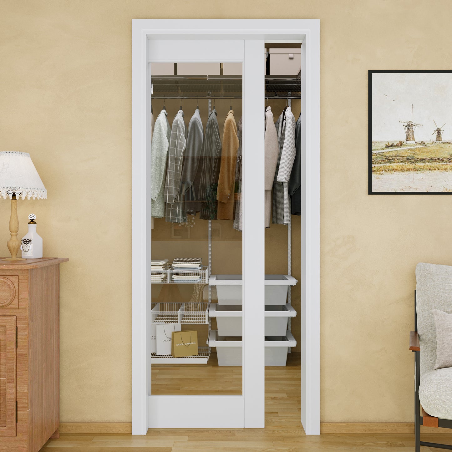 JUJUBON Soft-Close Sliding Pocket Doors, Tempered Clear Glass Door Slab with Hardware Kit&Pocket Door Frame, Interior Sliding Doors for 2x4 Stud, Pre-Finished&Paintable
