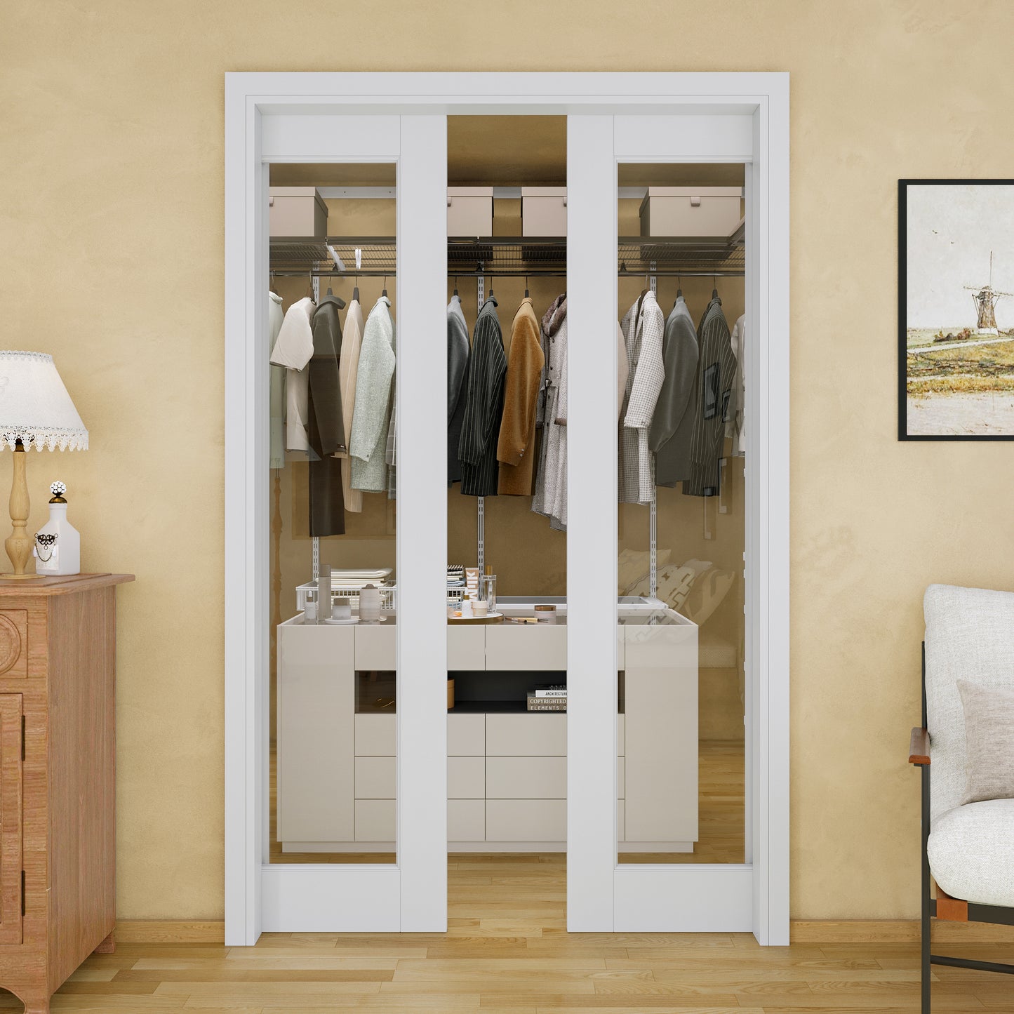 JUJUBON Soft-Close Sliding Pocket Doors, Tempered Clear Glass Door Slab with Hardware Kit&Pocket Door Frame, Interior Sliding Doors for 2x4 Stud, Pre-Finished&Paintable