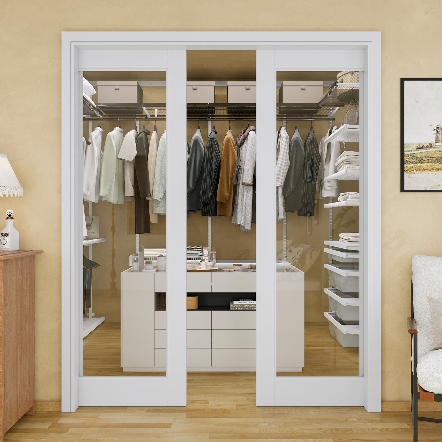 JUJUBON Soft-Close Sliding Pocket Doors, Tempered Clear Glass Door Slab with Hardware Kit&Pocket Door Frame, Interior Sliding Doors for 2x4 Stud, Pre-Finished&Paintable