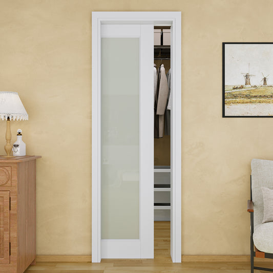 JUJUBON Soft-Close Sliding Pocket Doors, Tempered Frosted Glass Door Slab with Hardware Kit&Pocket Door Frame, Interior Sliding Doors for 2x4 Stud, Pre-Finished&Paintable