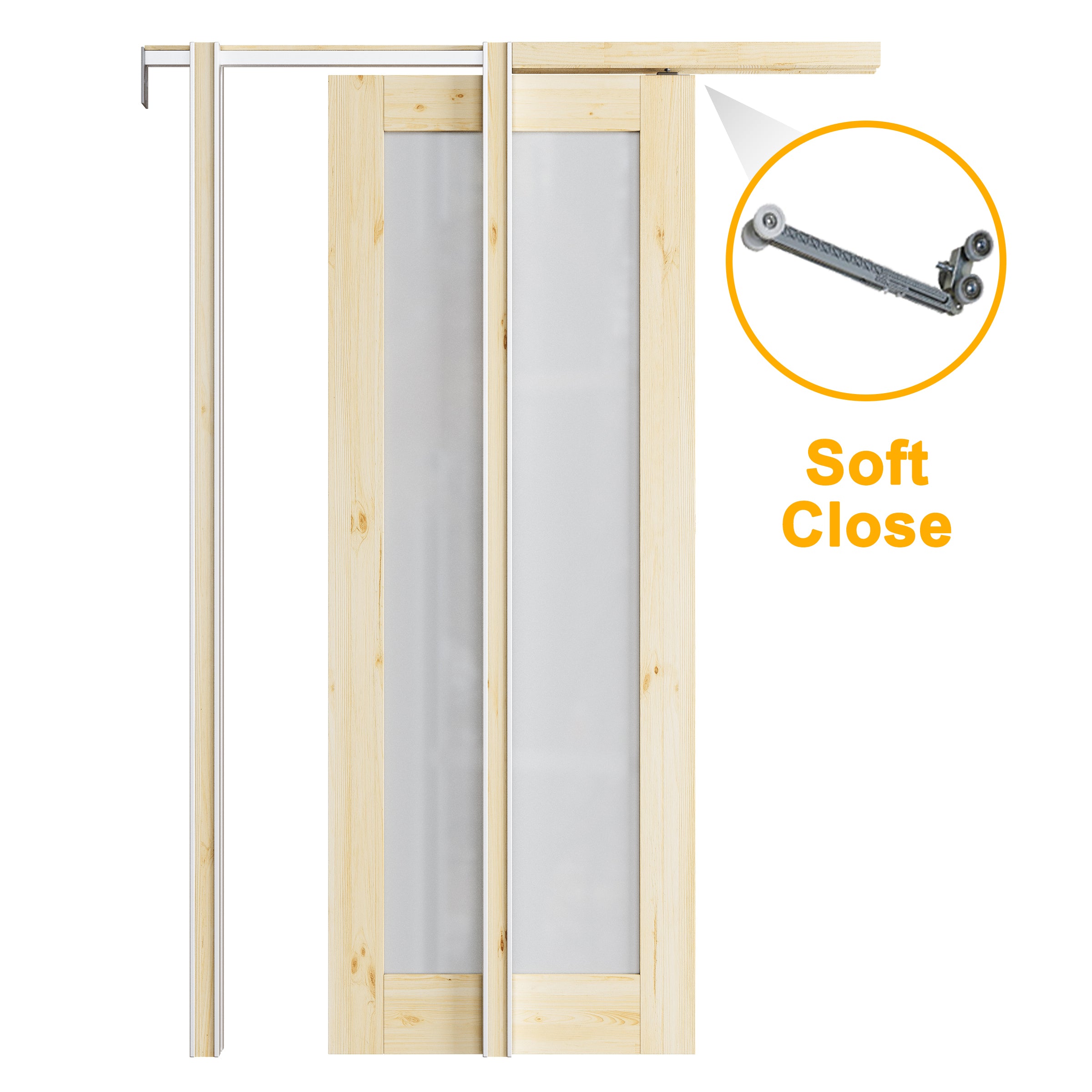 JUJUBON Soft-Close Sliding Pocket Doors, Tempered Frosted Glass&Pine Wood Door Slab with Hardware Kit&Pocket Door Frame, Interior Sliding Doors for 2x4 Stud, Unfinished