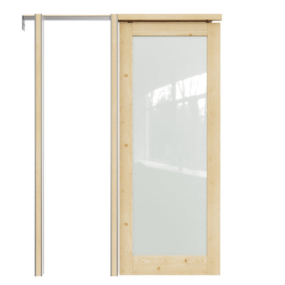 JUJUBON Soft-Close Sliding Pocket Doors, Tempered Frosted Glass&Pine Wood Door Slab with Hardware Kit&Pocket Door Frame, Interior Sliding Doors for 2x4 Stud, Unfinished
