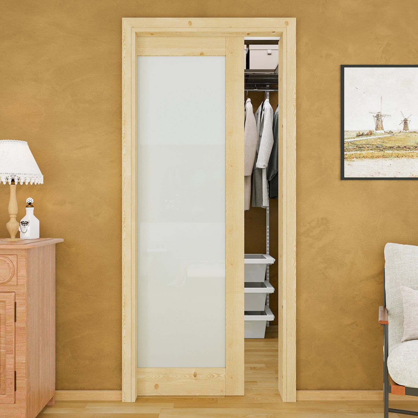JUJUBON Soft-Close Sliding Pocket Doors, Tempered Frosted Glass&Pine Wood Door Slab with Hardware Kit&Pocket Door Frame, Interior Sliding Doors for 2x4 Stud, Unfinished