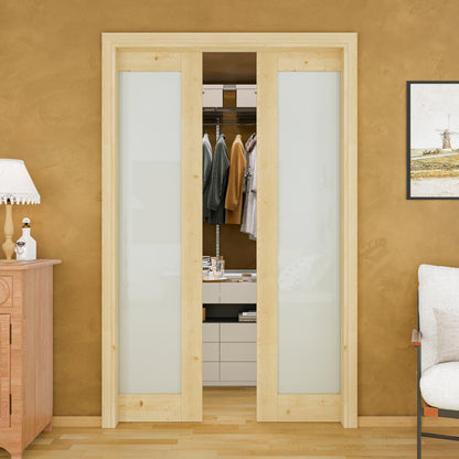JUJUBON Soft-Close Sliding Pocket Doors, Tempered Frosted Glass&Pine Wood Door Slab with Hardware Kit&Pocket Door Frame, Interior Sliding Doors for 2x4 Stud, Unfinished