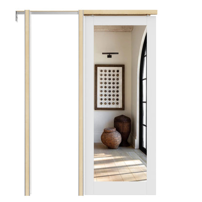 JUJUBON Soft-Close Sliding Pocket Doors, Mirror Door Slab with Hardware Kit&Pocket Door Frame, Interior Sliding Doors for 2x4 Stud, Pre-Finished&Paintable, One Side Mirror&The Opposite White