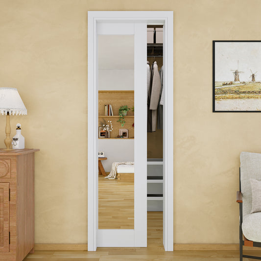 JUJUBON Soft-Close Sliding Pocket Doors, Mirror Door Slab with Hardware Kit&Pocket Door Frame, Interior Sliding Doors for 2x4 Stud, Pre-Finished&Paintable, One Side Mirror&The Opposite White
