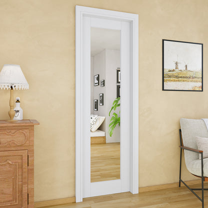 JUJUBON Soft-Close Sliding Pocket Doors, Mirror Door Slab with Hardware Kit&Pocket Door Frame, Interior Sliding Doors for 2x4 Stud, Pre-Finished&Paintable, One Side Mirror&The Opposite White