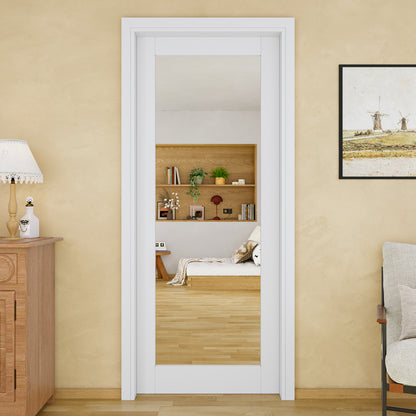 JUJUBON Soft-Close Sliding Pocket Doors, Mirror Door Slab with Hardware Kit&Pocket Door Frame, Interior Sliding Doors for 2x4 Stud, Pre-Finished&Paintable, One Side Mirror&The Opposite White