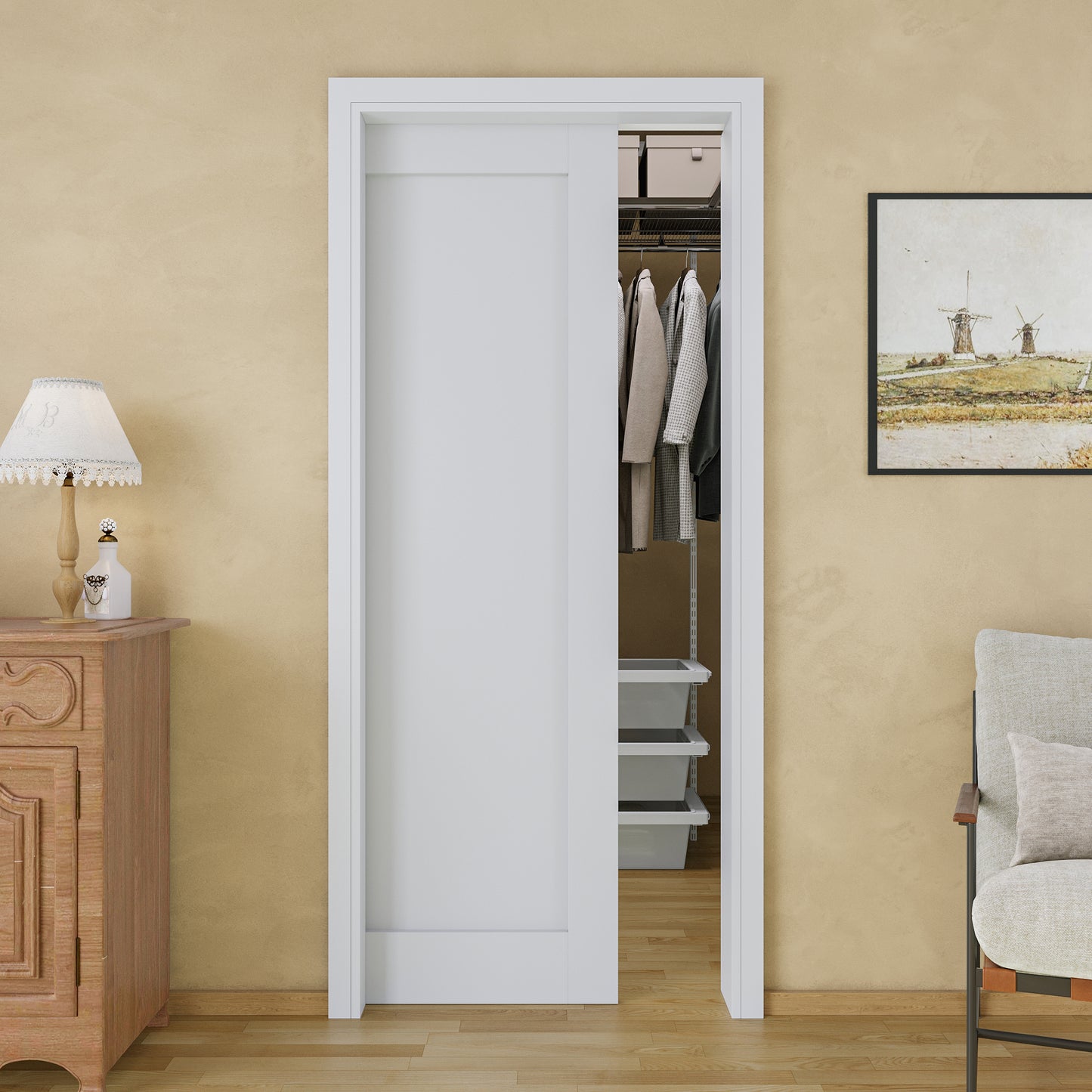 JUJUBON Soft-Close Sliding Pocket Doors, Solid Core MDF Door Slab with Hardware Kit&Pocket Door Frame, Interior Sliding Doors for 2x4 Stud, Pre-Finished&Paintable