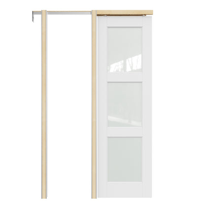 JUJUBON Soft-Close Sliding Pocket Doors, 3 Panel Tempered Frosted Glass Door Slab with Hardware Kit&Pocket Door Frame, Interior Sliding Doors for 2x4 Stud, Pre-Finished&Paintable