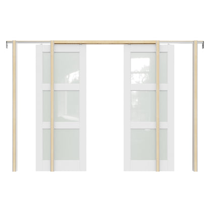 JUJUBON Soft-Close Sliding Pocket Doors, 3 Panel Tempered Frosted Glass Door Slab with Hardware Kit&Pocket Door Frame, Interior Sliding Doors for 2x4 Stud, Pre-Finished&Paintable