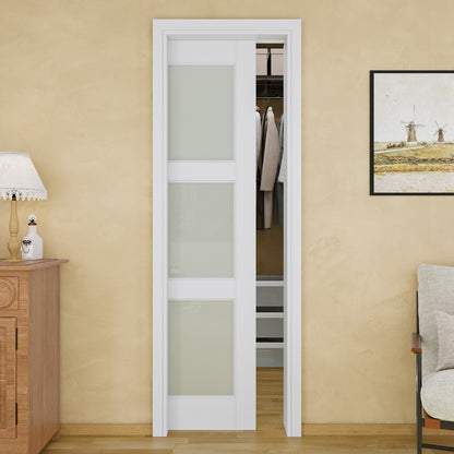 JUJUBON Soft-Close Sliding Pocket Doors, 3 Panel Tempered Frosted Glass Door Slab with Hardware Kit&Pocket Door Frame, Interior Sliding Doors for 2x4 Stud, Pre-Finished&Paintable
