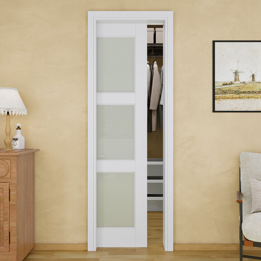 JUJUBON Soft-Close Sliding Pocket Doors, 3 Panel Tempered Frosted Glass Door Slab with Hardware Kit&Pocket Door Frame, Interior Sliding Doors for 2x4 Stud, Pre-Finished&Paintable