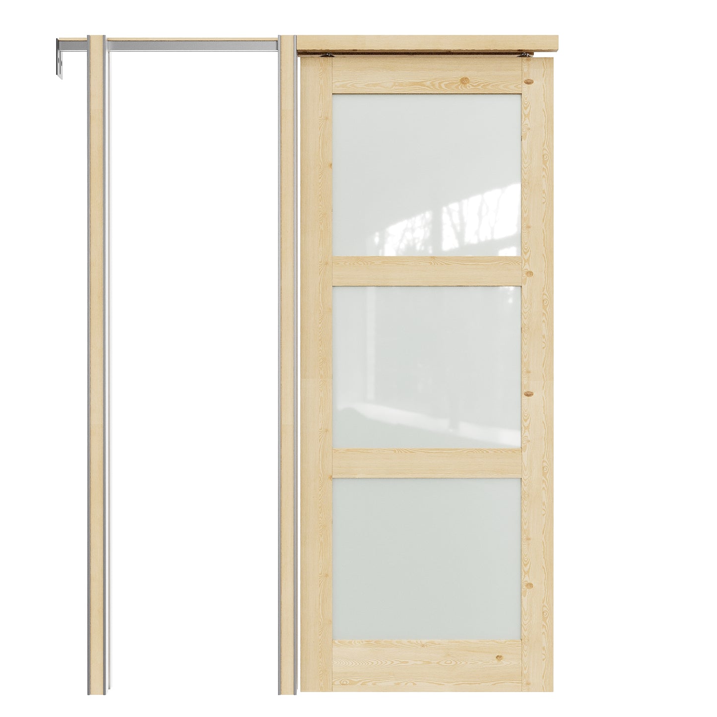JUJUBON Soft-Close Sliding Pocket Doors, 3 Panel Tempered Frosted Glass&Pine Wood Door Slab with Hardware Kit&Pocket Door Frame, Interior Sliding Doors for 2x4 Stud, Unfinished
