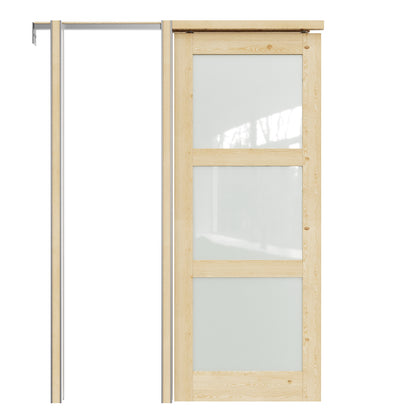 JUJUBON Soft-Close Sliding Pocket Doors, 3 Panel Tempered Frosted Glass&Pine Wood Door Slab with Hardware Kit&Pocket Door Frame, Interior Sliding Doors for 2x4 Stud, Unfinished