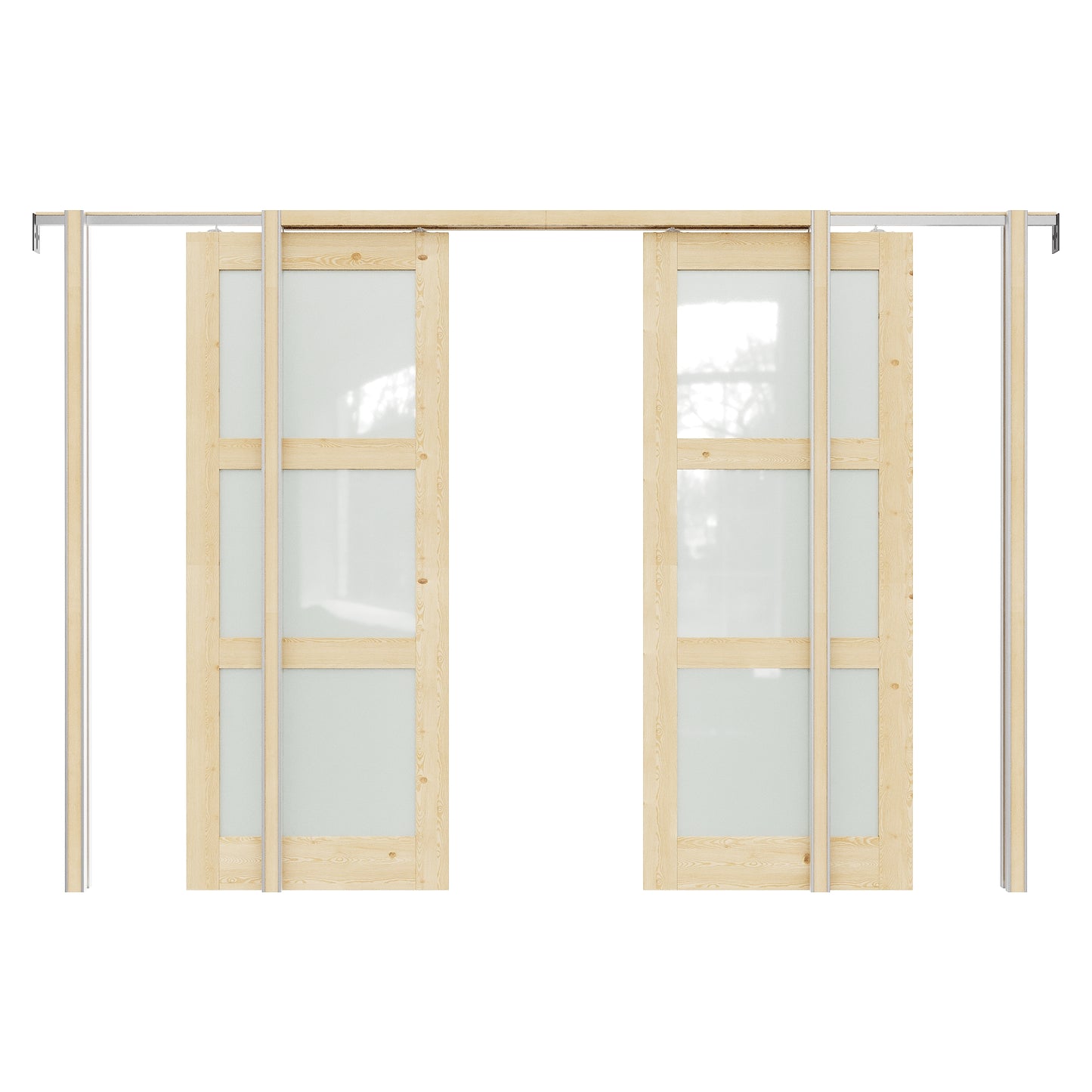 JUJUBON Soft-Close Sliding Pocket Doors, 3 Panel Tempered Frosted Glass&Pine Wood Door Slab with Hardware Kit&Pocket Door Frame, Interior Sliding Doors for 2x4 Stud, Unfinished