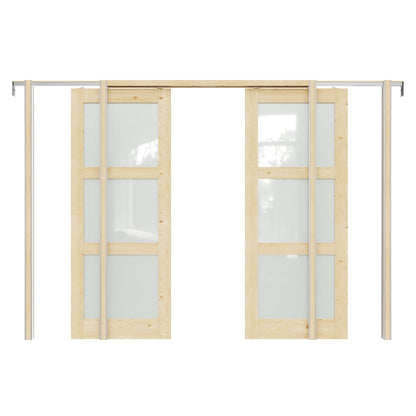 JUJUBON Soft-Close Sliding Pocket Doors, 3 Panel Tempered Frosted Glass&Pine Wood Door Slab with Hardware Kit&Pocket Door Frame, Interior Sliding Doors for 2x4 Stud, Unfinished