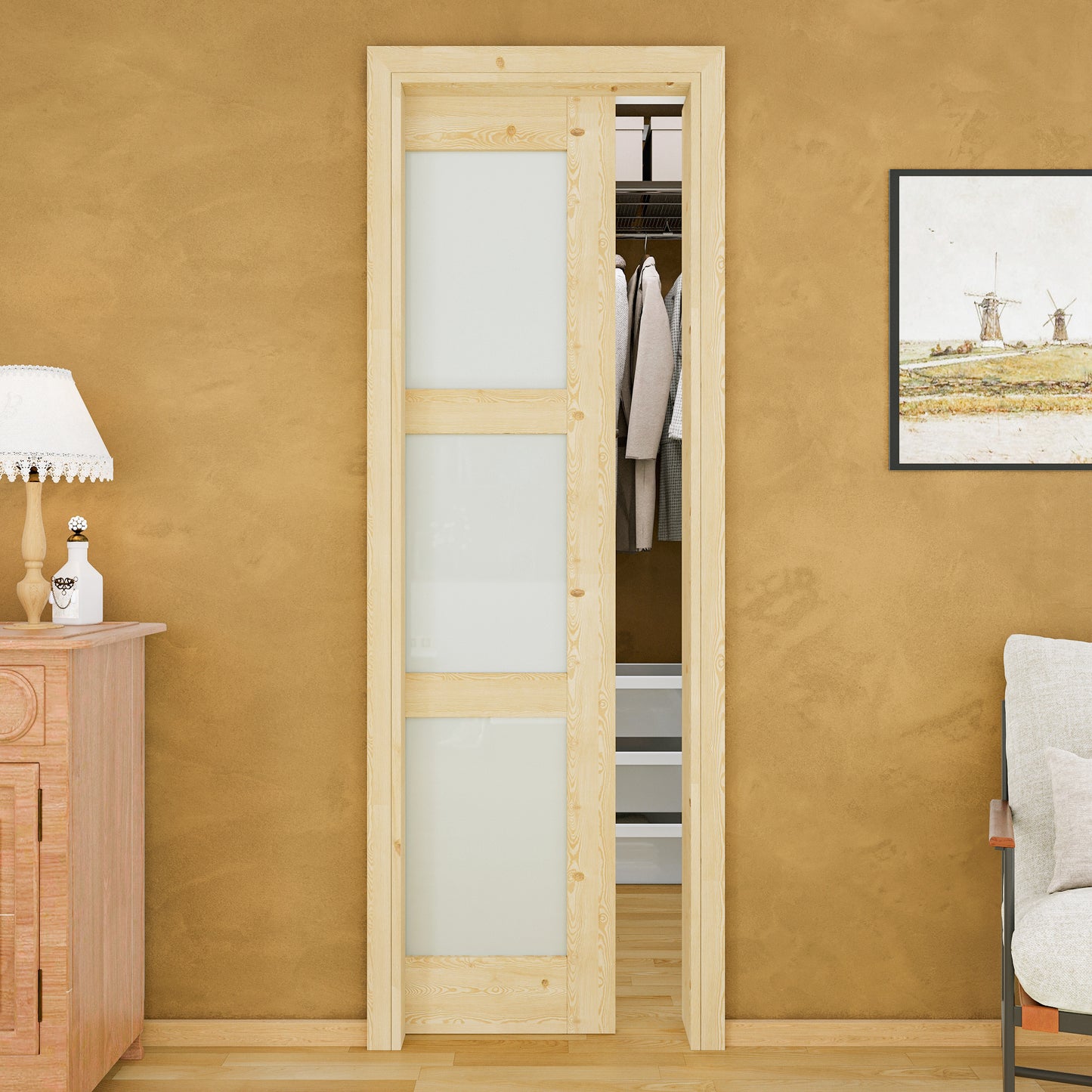 JUJUBON Soft-Close Sliding Pocket Doors, 3 Panel Tempered Frosted Glass&Pine Wood Door Slab with Hardware Kit&Pocket Door Frame, Interior Sliding Doors for 2x4 Stud, Unfinished