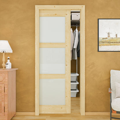 JUJUBON Soft-Close Sliding Pocket Doors, 3 Panel Tempered Frosted Glass&Pine Wood Door Slab with Hardware Kit&Pocket Door Frame, Interior Sliding Doors for 2x4 Stud, Unfinished