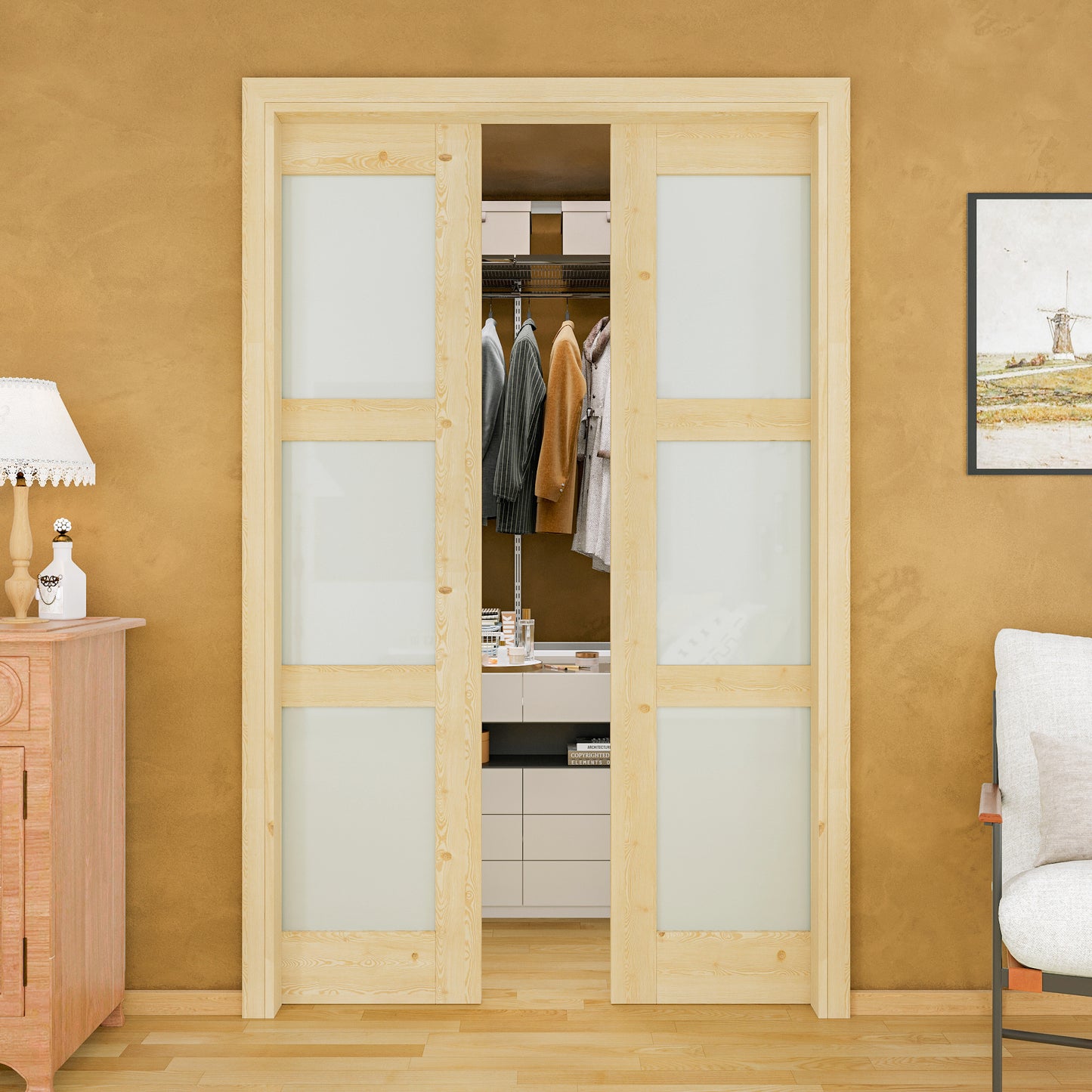 JUJUBON Soft-Close Sliding Pocket Doors, 3 Panel Tempered Frosted Glass&Pine Wood Door Slab with Hardware Kit&Pocket Door Frame, Interior Sliding Doors for 2x4 Stud, Unfinished