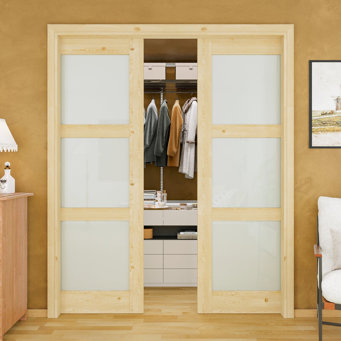 JUJUBON Soft-Close Sliding Pocket Doors, 3 Panel Tempered Frosted Glass&Pine Wood Door Slab with Hardware Kit&Pocket Door Frame, Interior Sliding Doors for 2x4 Stud, Unfinished