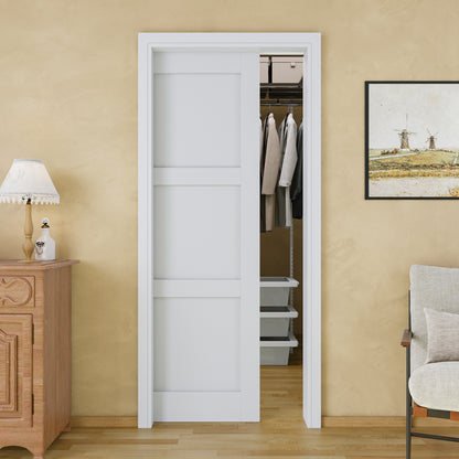 JUJUBON Soft-Close Sliding Pocket Doors, 3 Panel Solid Core MDF Door Slab with Hardware Kit&Pocket Door Frame, Interior Sliding Doors for 2x4 Stud, Pre-Finished&Paintable
