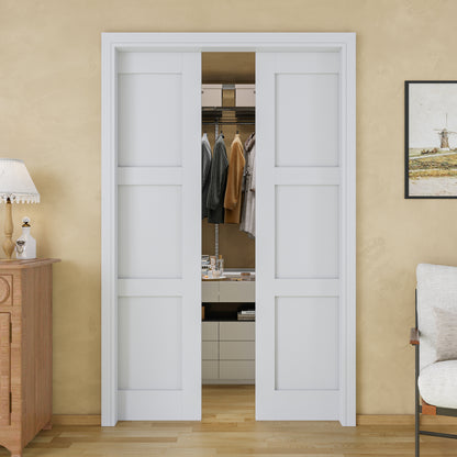JUJUBON Soft-Close Sliding Pocket Doors, 3 Panel Solid Core MDF Door Slab with Hardware Kit&Pocket Door Frame, Interior Sliding Doors for 2x4 Stud, Pre-Finished&Paintable