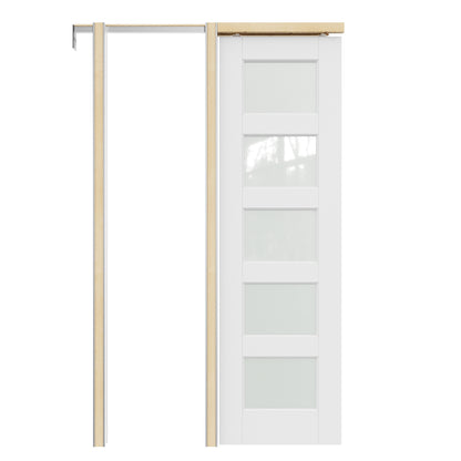 JUJUBON Soft-Close Sliding Pocket Doors, 5 Panel Tempered Frosted Glass Door Slab with Hardware Kit&Pocket Door Frame, Interior Sliding Doors for 2x4 Stud, Pre-Finished&Paintable