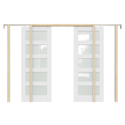 JUJUBON Soft-Close Sliding Pocket Doors, 5 Panel Tempered Frosted Glass Door Slab with Hardware Kit&Pocket Door Frame, Interior Sliding Doors for 2x4 Stud, Pre-Finished&Paintable