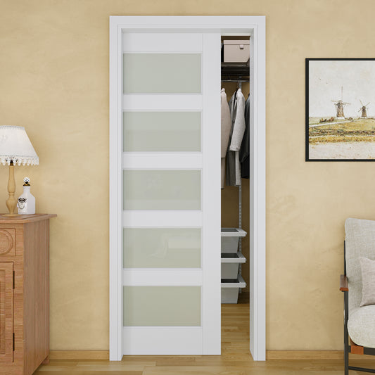 JUJUBON Soft-Close Sliding Pocket Doors, 5 Panel Tempered Frosted Glass Door Slab with Hardware Kit&Pocket Door Frame, Interior Sliding Doors for 2x4 Stud, Pre-Finished&Paintable