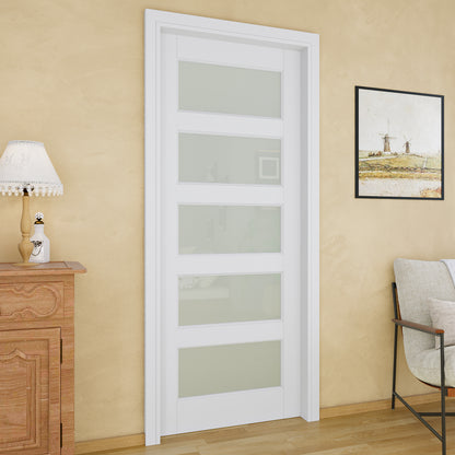 JUJUBON Soft-Close Sliding Pocket Doors, 5 Panel Tempered Frosted Glass Door Slab with Hardware Kit&Pocket Door Frame, Interior Sliding Doors for 2x4 Stud, Pre-Finished&Paintable