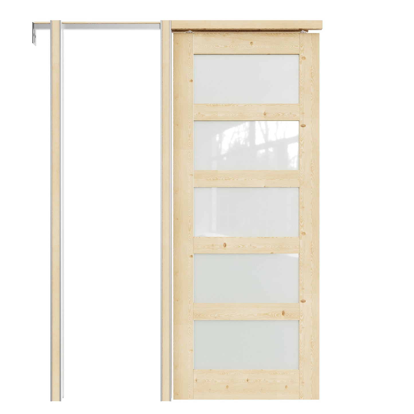 JUJUBON Soft-Close Sliding Pocket Doors, 5 Panel Tempered Frosted Glass&Pine Wood Door Slab with Hardware Kit&Pocket Door Frame, Interior Sliding Doors for 2x4 Stud, Unfinished