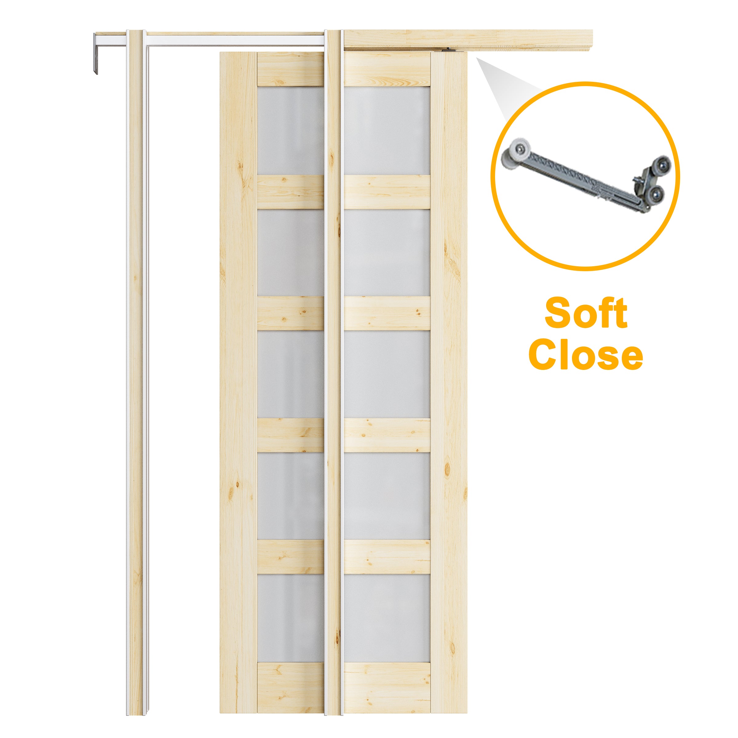 JUJUBON Soft-Close Sliding Pocket Doors, 5 Panel Tempered Frosted Glass&Pine Wood Door Slab with Hardware Kit&Pocket Door Frame, Interior Sliding Doors for 2x4 Stud, Unfinished