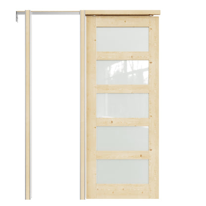 JUJUBON Soft-Close Sliding Pocket Doors, 5 Panel Tempered Frosted Glass&Pine Wood Door Slab with Hardware Kit&Pocket Door Frame, Interior Sliding Doors for 2x4 Stud, Unfinished