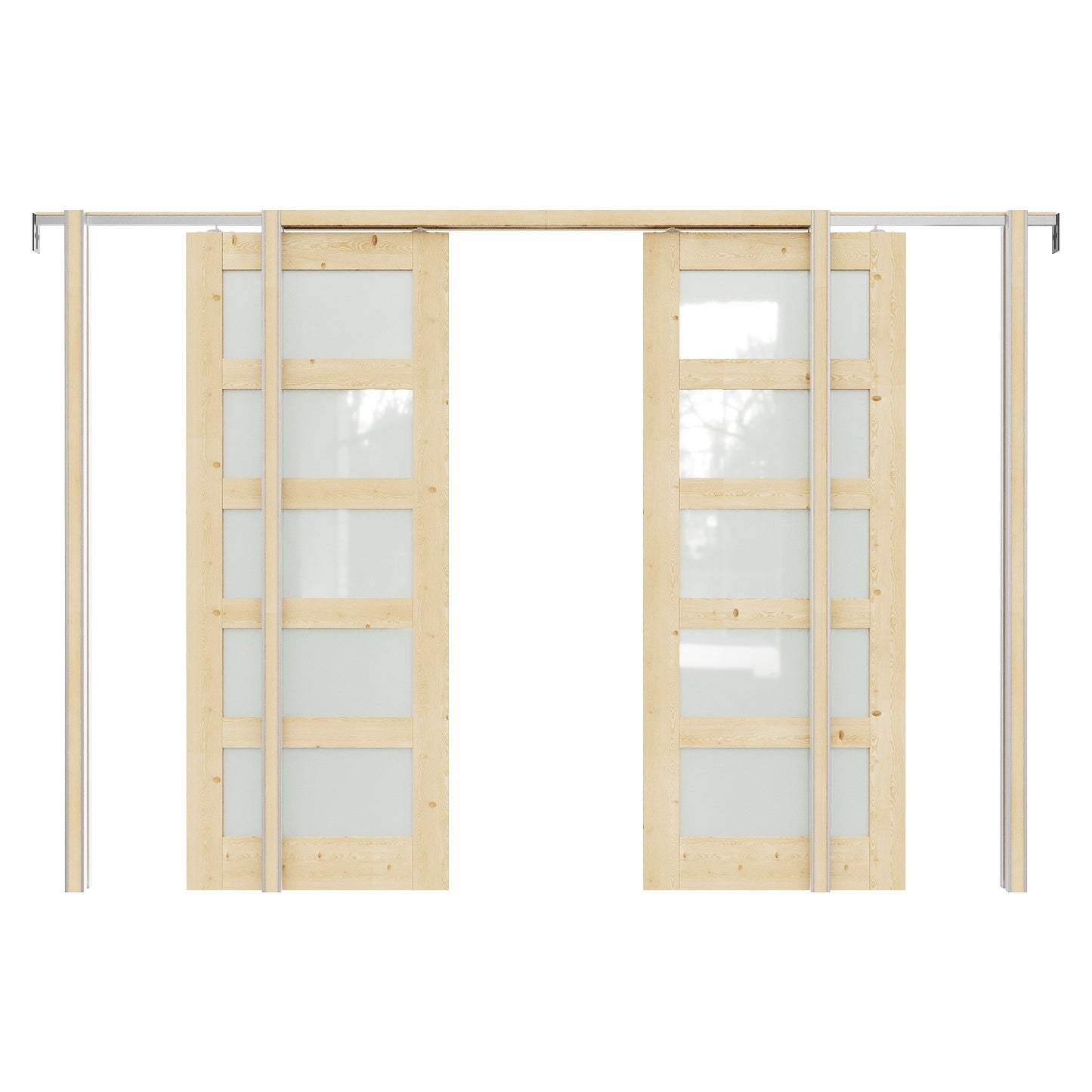 JUJUBON Soft-Close Sliding Pocket Doors, 5 Panel Tempered Frosted Glass&Pine Wood Door Slab with Hardware Kit&Pocket Door Frame, Interior Sliding Doors for 2x4 Stud, Unfinished