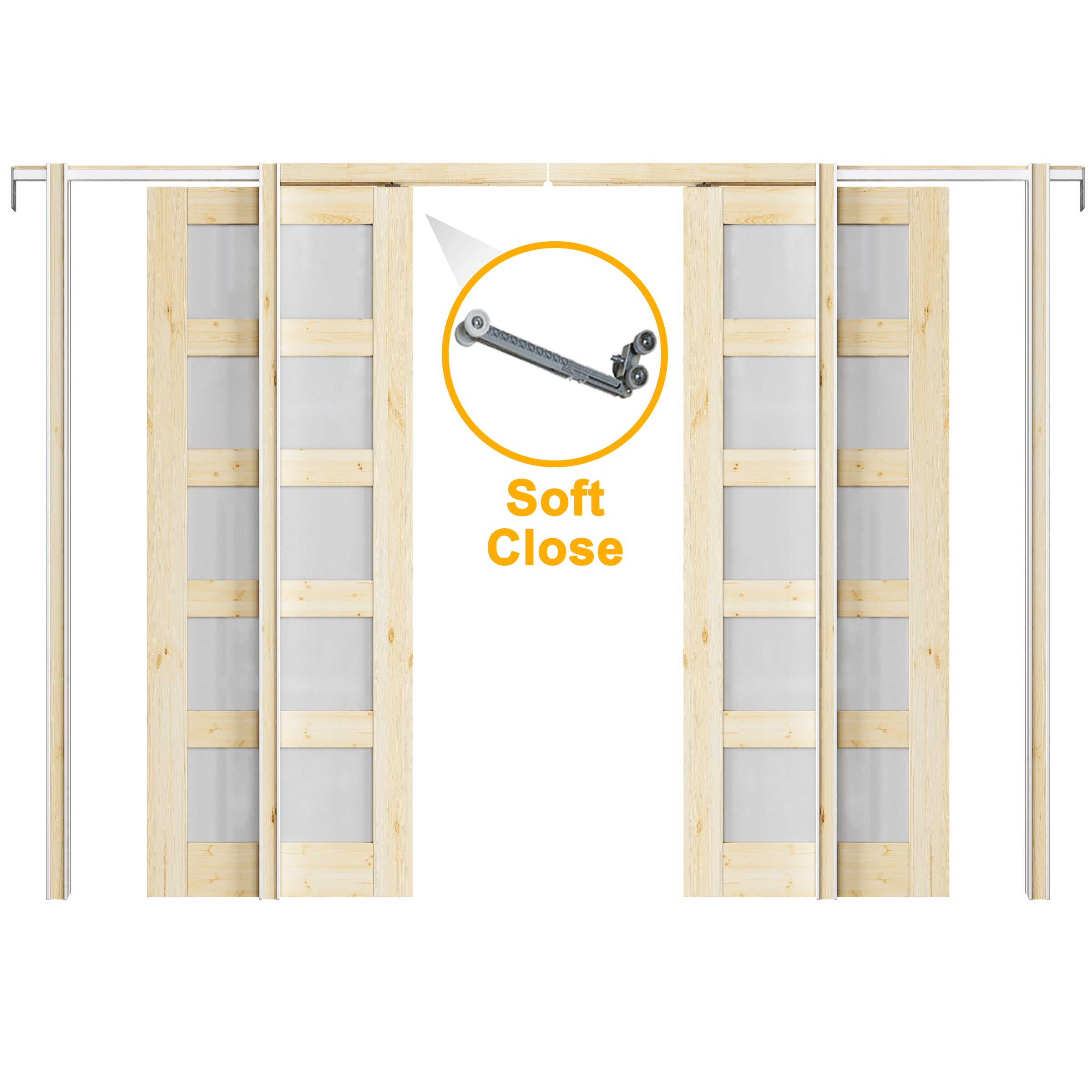 JUJUBON Soft-Close Sliding Pocket Doors, 5 Panel Tempered Frosted Glass&Pine Wood Door Slab with Hardware Kit&Pocket Door Frame, Interior Sliding Doors for 2x4 Stud, Unfinished