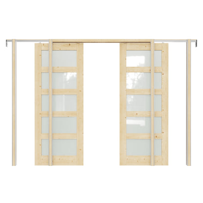 JUJUBON Soft-Close Sliding Pocket Doors, 5 Panel Tempered Frosted Glass&Pine Wood Door Slab with Hardware Kit&Pocket Door Frame, Interior Sliding Doors for 2x4 Stud, Unfinished