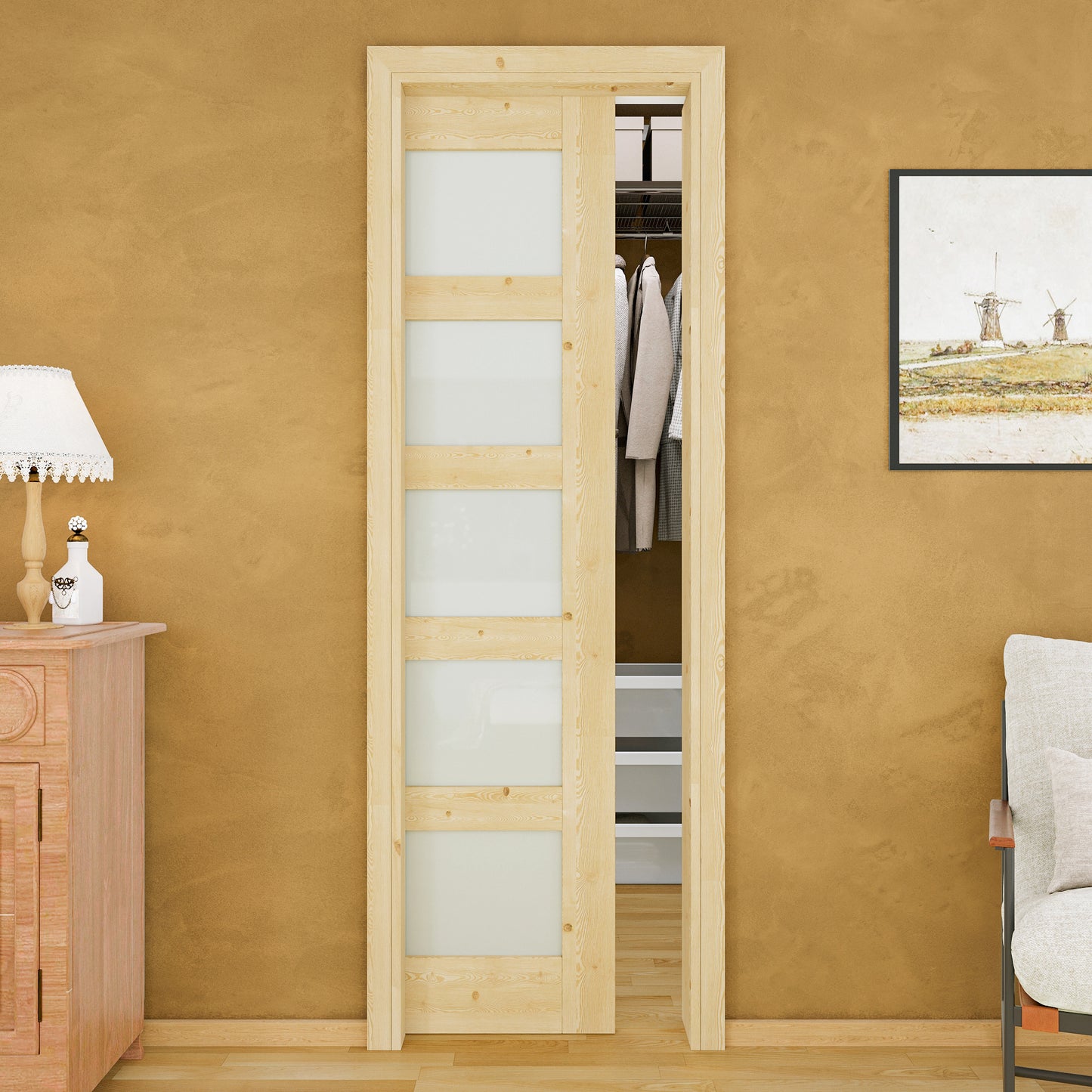 JUJUBON Soft-Close Sliding Pocket Doors, 5 Panel Tempered Frosted Glass&Pine Wood Door Slab with Hardware Kit&Pocket Door Frame, Interior Sliding Doors for 2x4 Stud, Unfinished