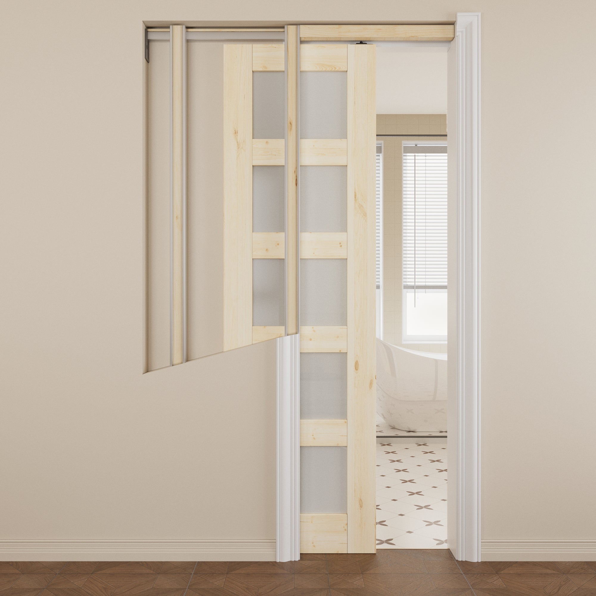 JUJUBON Soft-Close Sliding Pocket Doors, 5 Panel Tempered Frosted Glass&Pine Wood Door Slab with Hardware Kit&Pocket Door Frame, Interior Sliding Doors for 2x4 Stud, Unfinished