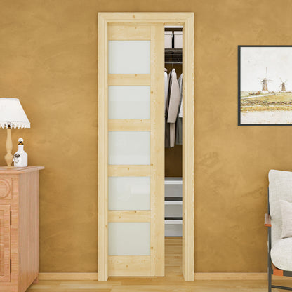 JUJUBON Soft-Close Sliding Pocket Doors, 5 Panel Tempered Frosted Glass&Pine Wood Door Slab with Hardware Kit&Pocket Door Frame, Interior Sliding Doors for 2x4 Stud, Unfinished