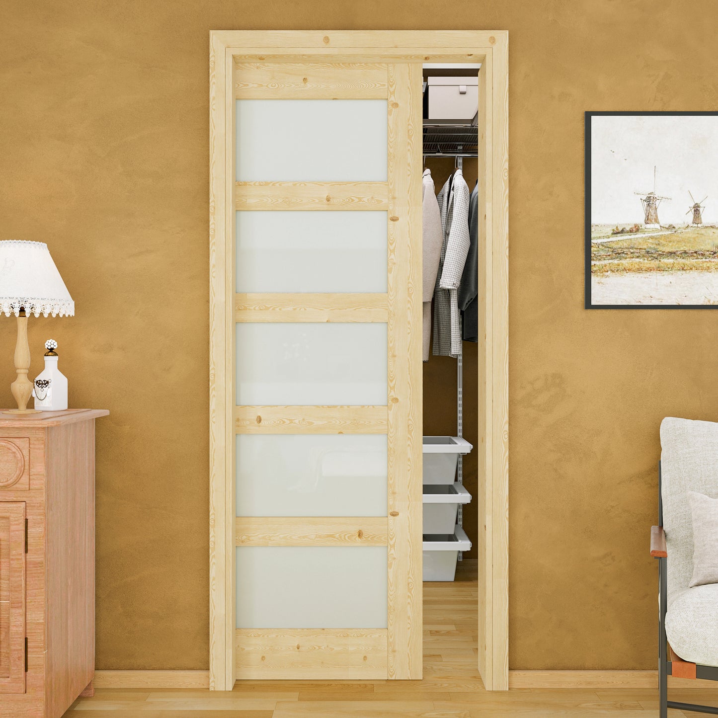JUJUBON Soft-Close Sliding Pocket Doors, 5 Panel Tempered Frosted Glass&Pine Wood Door Slab with Hardware Kit&Pocket Door Frame, Interior Sliding Doors for 2x4 Stud, Unfinished