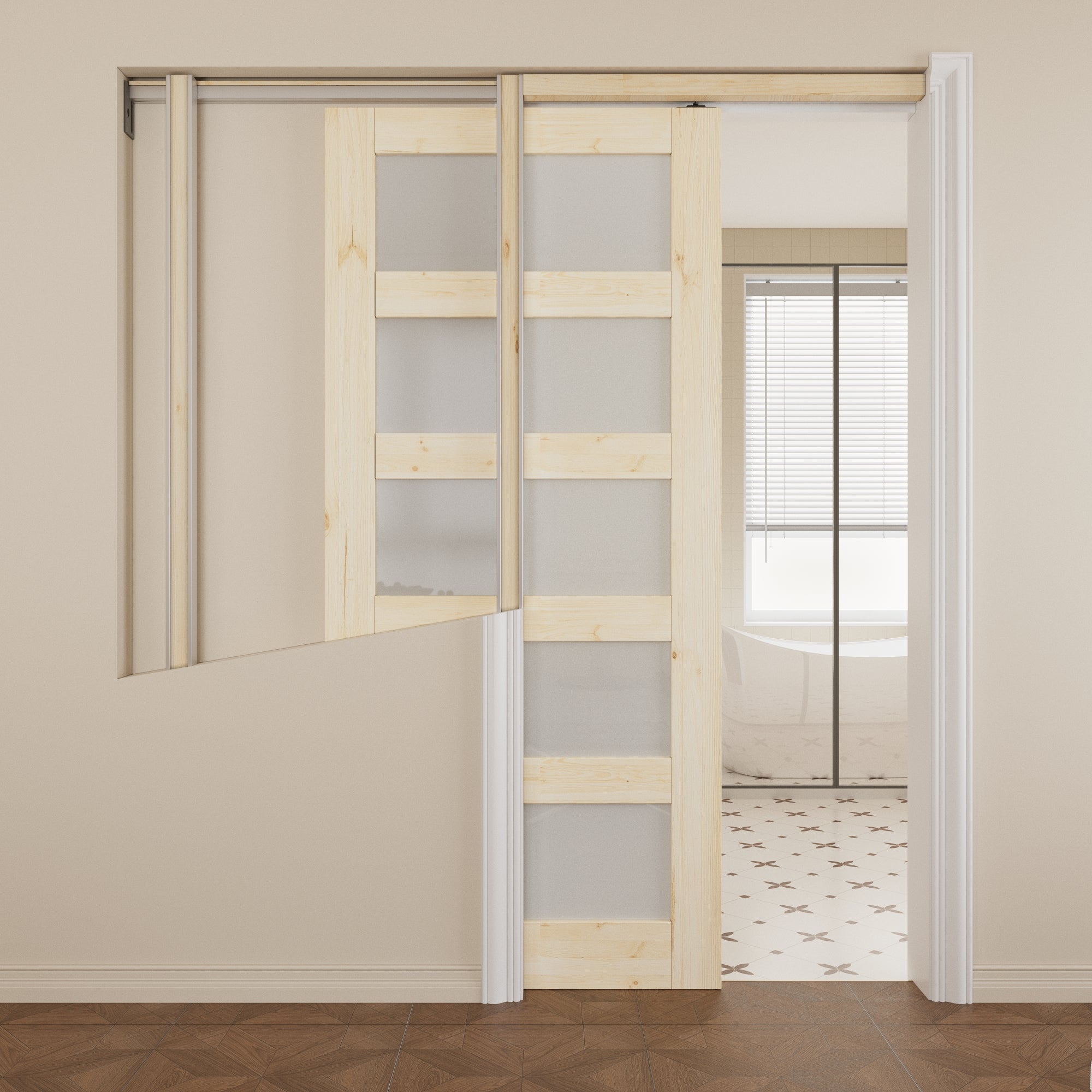 JUJUBON Soft-Close Sliding Pocket Doors, 5 Panel Tempered Frosted Glass&Pine Wood Door Slab with Hardware Kit&Pocket Door Frame, Interior Sliding Doors for 2x4 Stud, Unfinished